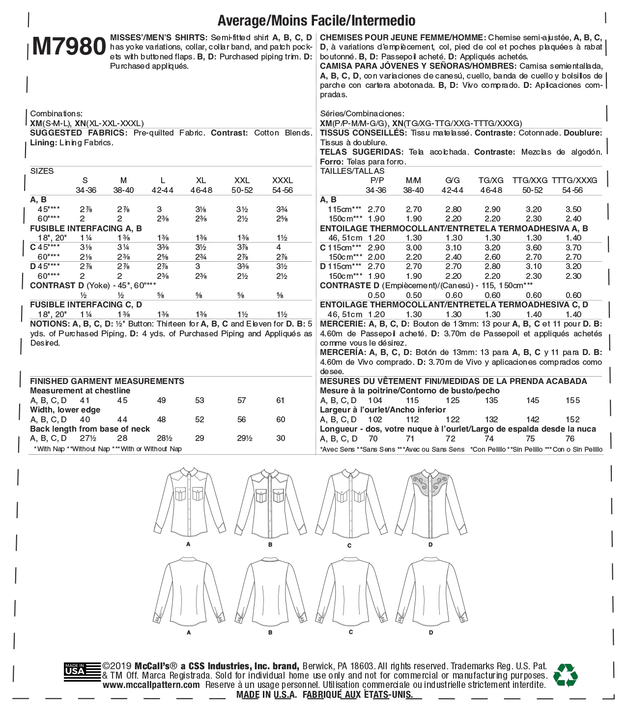 M7980 Misses' and Men's Shirts