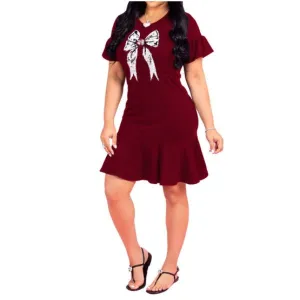 MB FASHION Elegant Bow Detail Dress with Ruffle Hem and Short Sleeves 5408  LAST XL