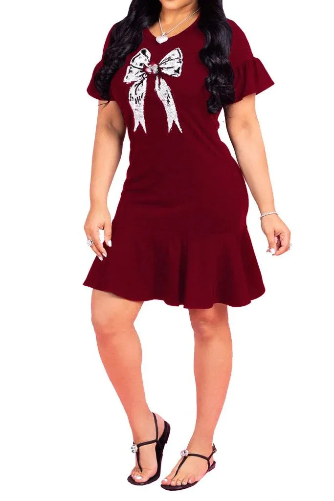 MB FASHION Elegant Bow Detail Dress with Ruffle Hem and Short Sleeves 5408  LAST XL
