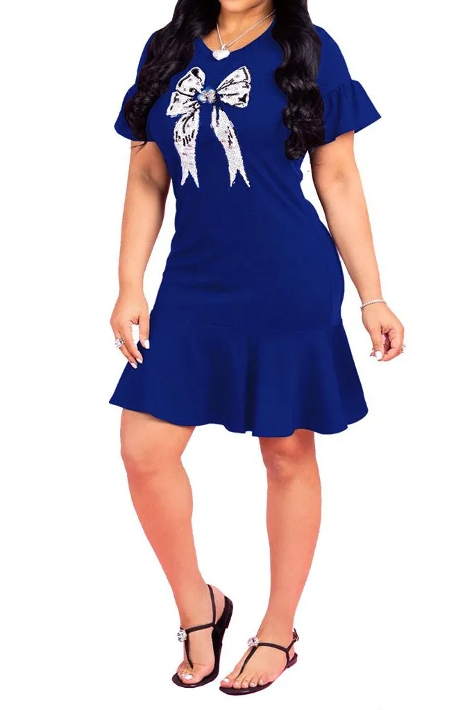MB FASHION Elegant Bow Detail Dress with Ruffle Hem and Short Sleeves 5408  LAST XL