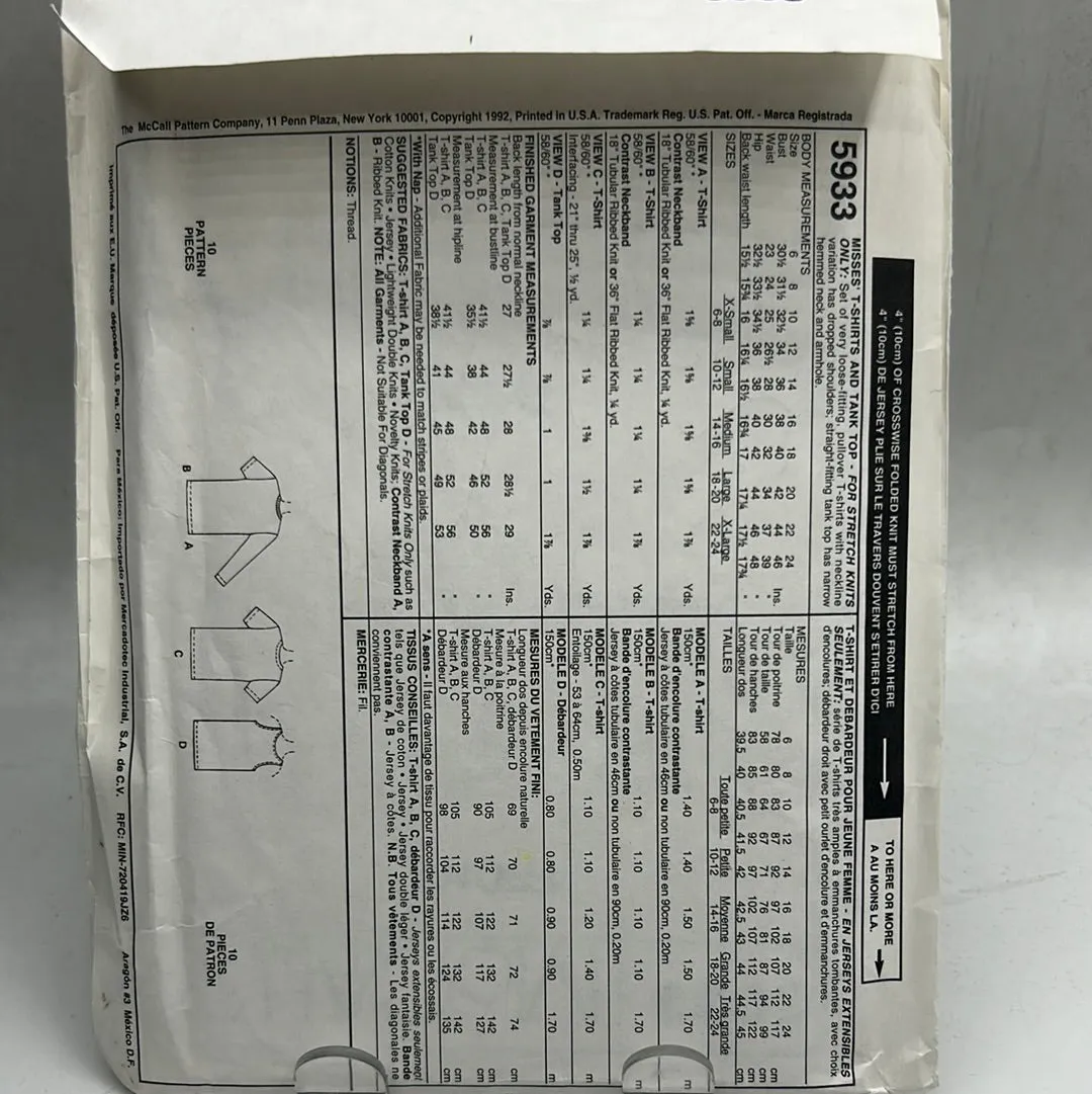 MCCALL'S Pattern, Misses' T-Shirts and Tank Top (PMC5933)