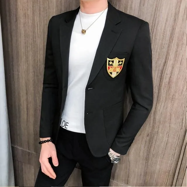 Men Gold Embroideried Slim Fit Masculino Blazer