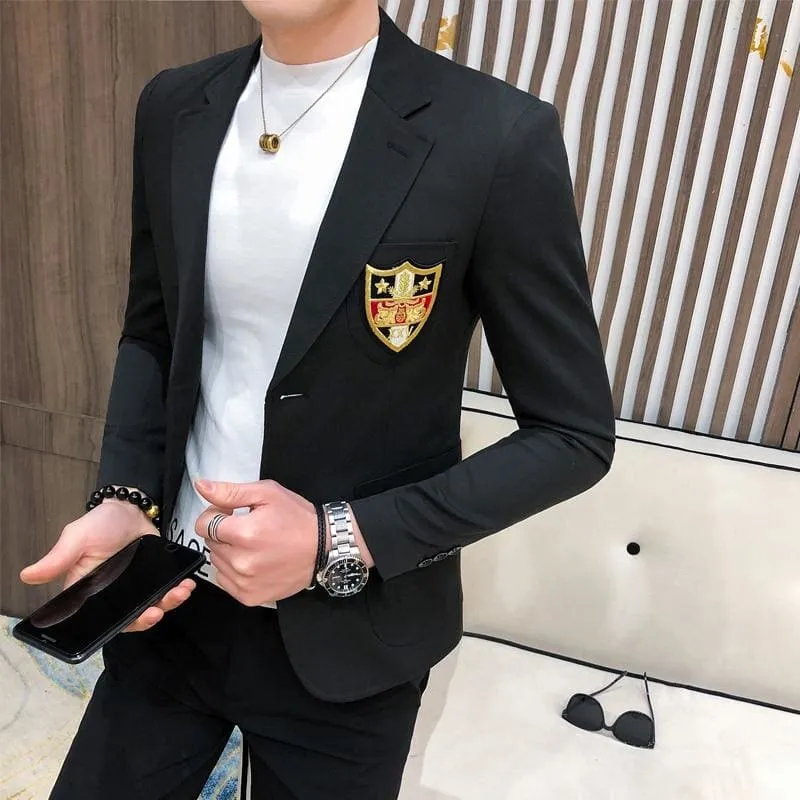 Men Gold Embroideried Slim Fit Masculino Blazer