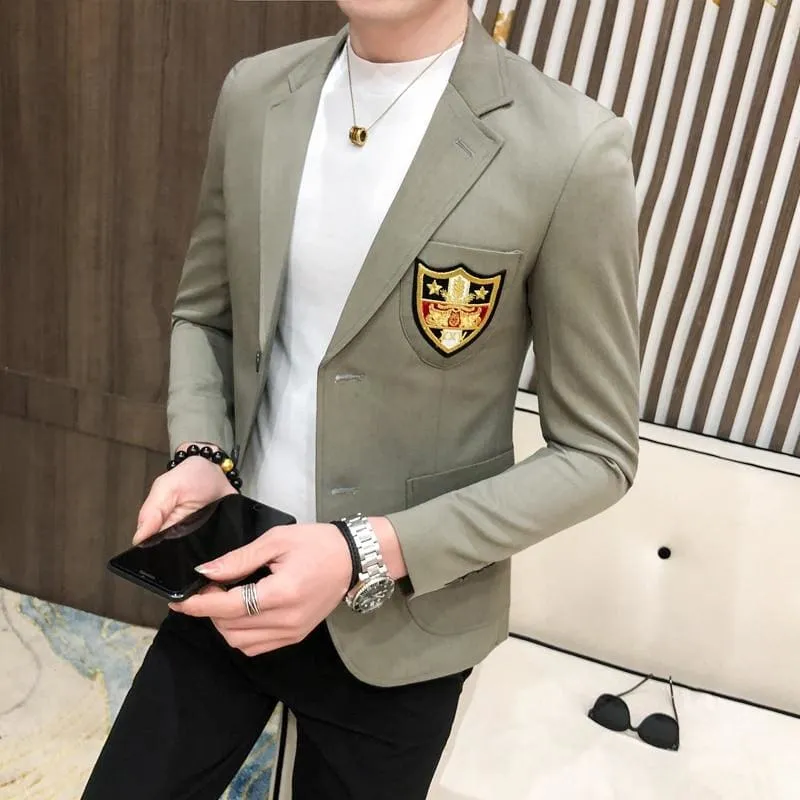 Men Gold Embroideried Slim Fit Masculino Blazer