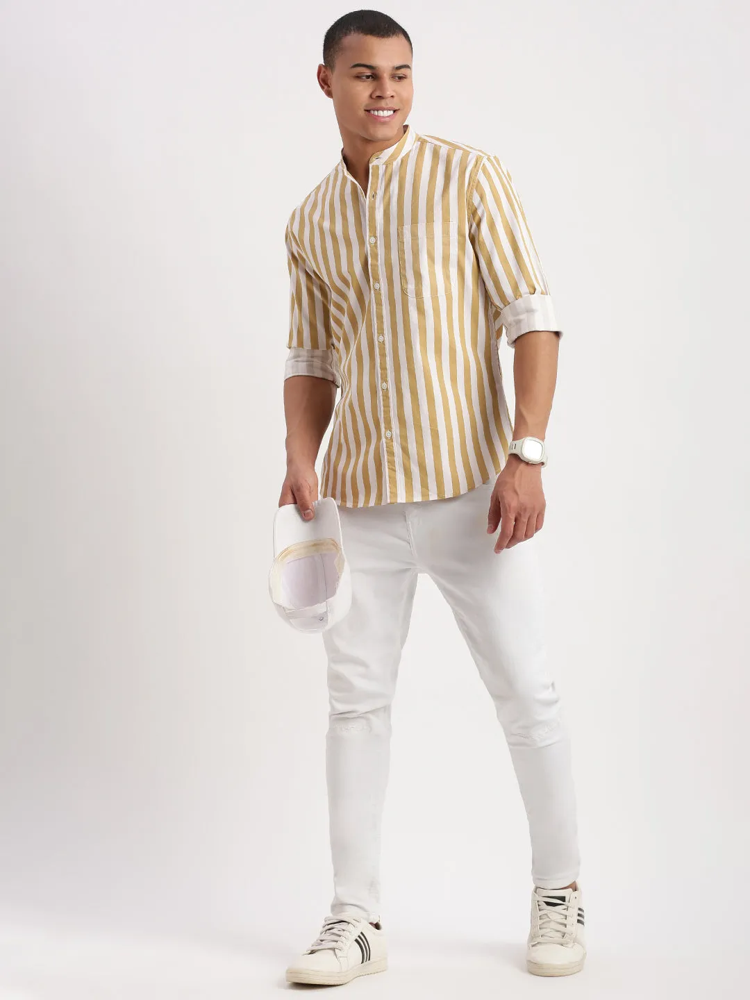 Men Mandarin Collar Vertical Stripes Khaki Shirt