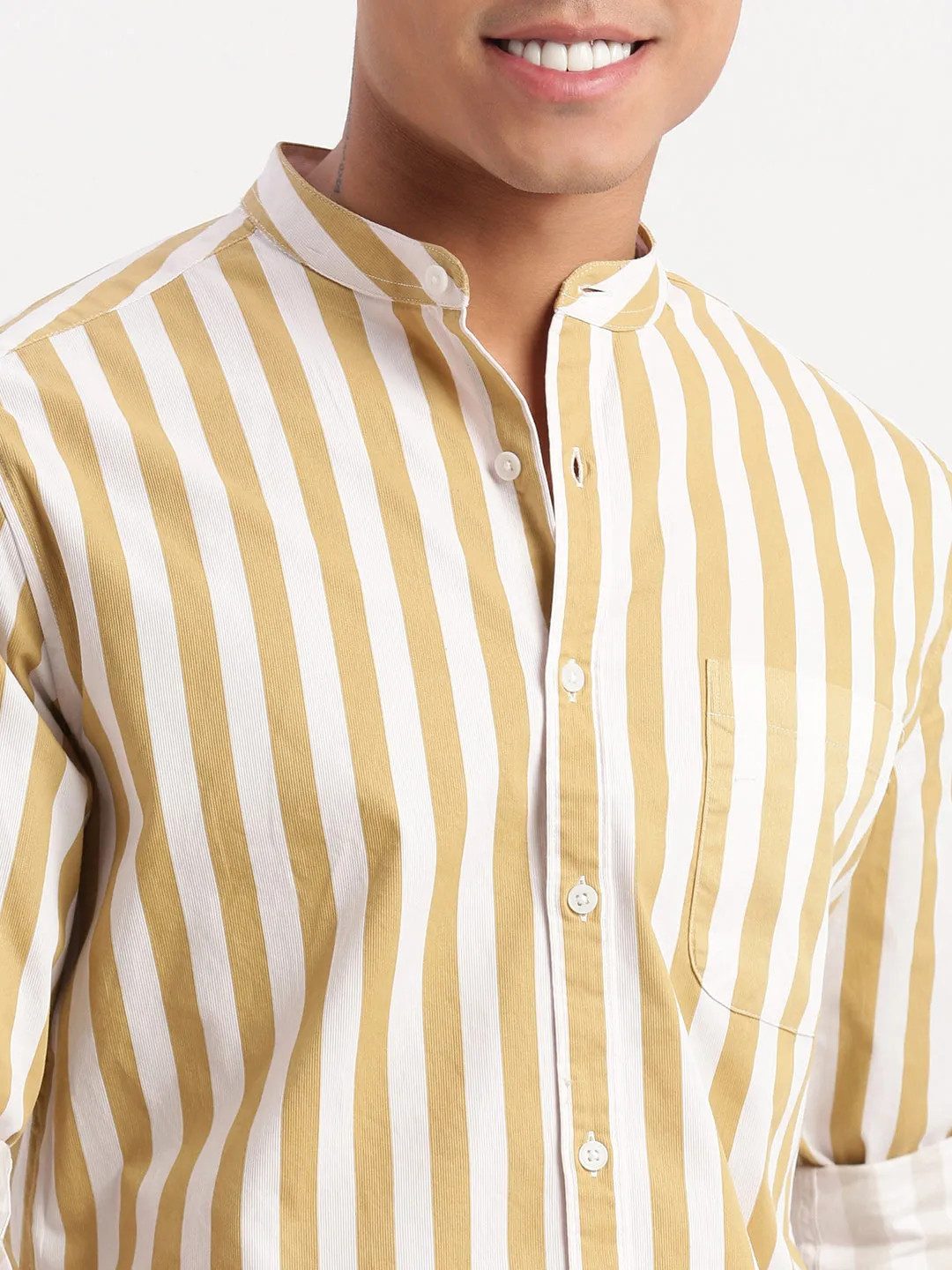 Men Mandarin Collar Vertical Stripes Khaki Shirt