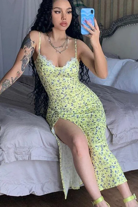 New small floral slit suspender dress