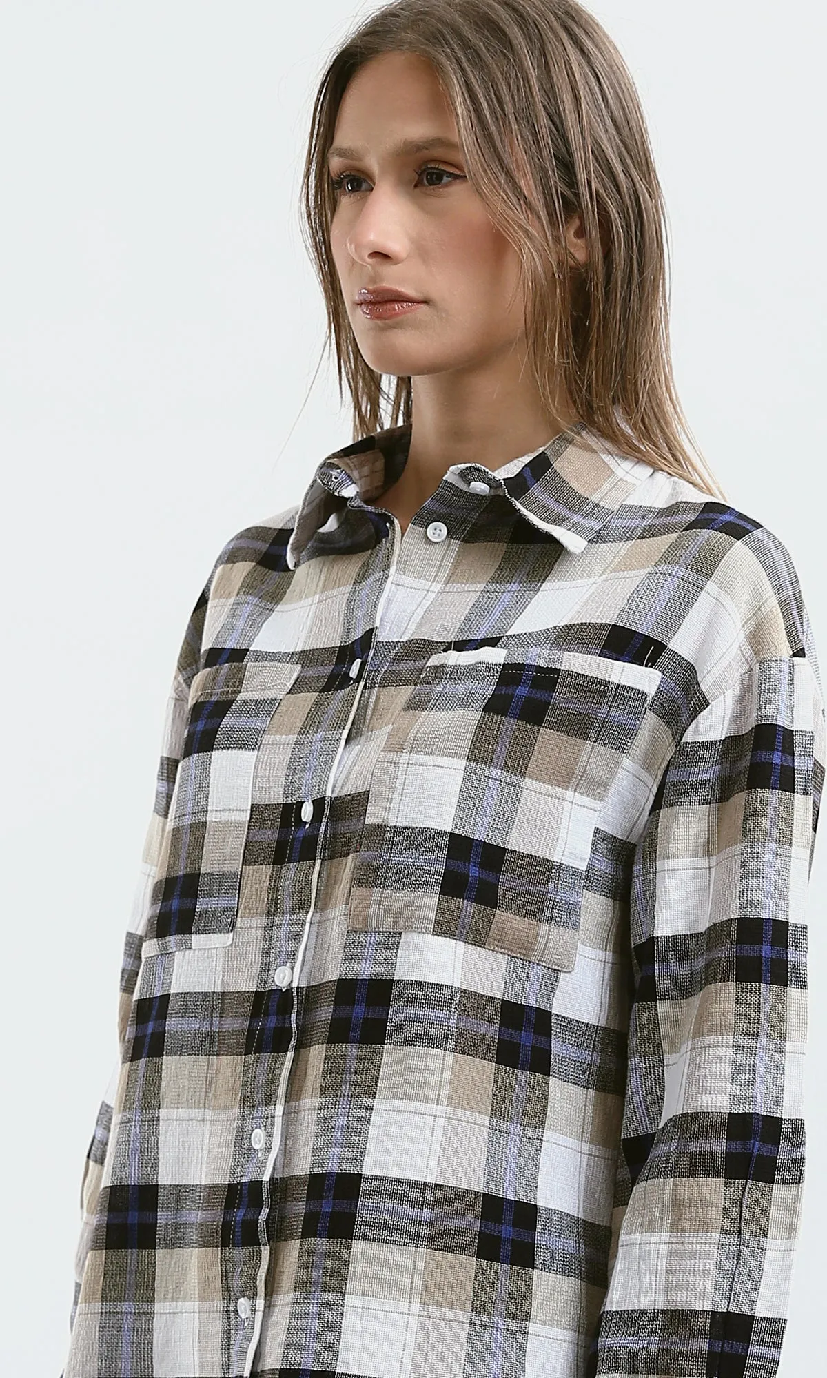 O179132 Long Sleeves Beige & White Tartan Summer Shirt