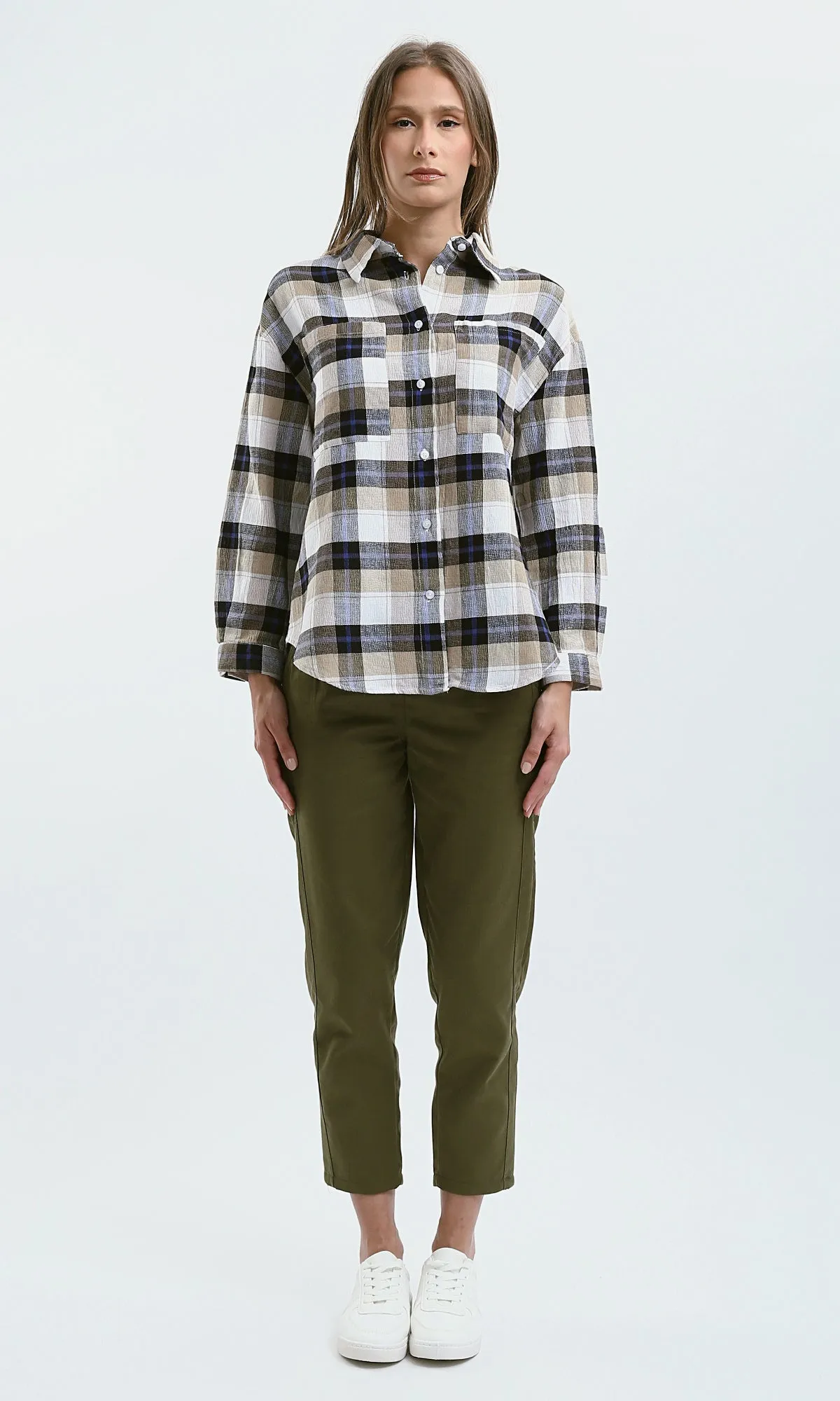 O179132 Long Sleeves Beige & White Tartan Summer Shirt