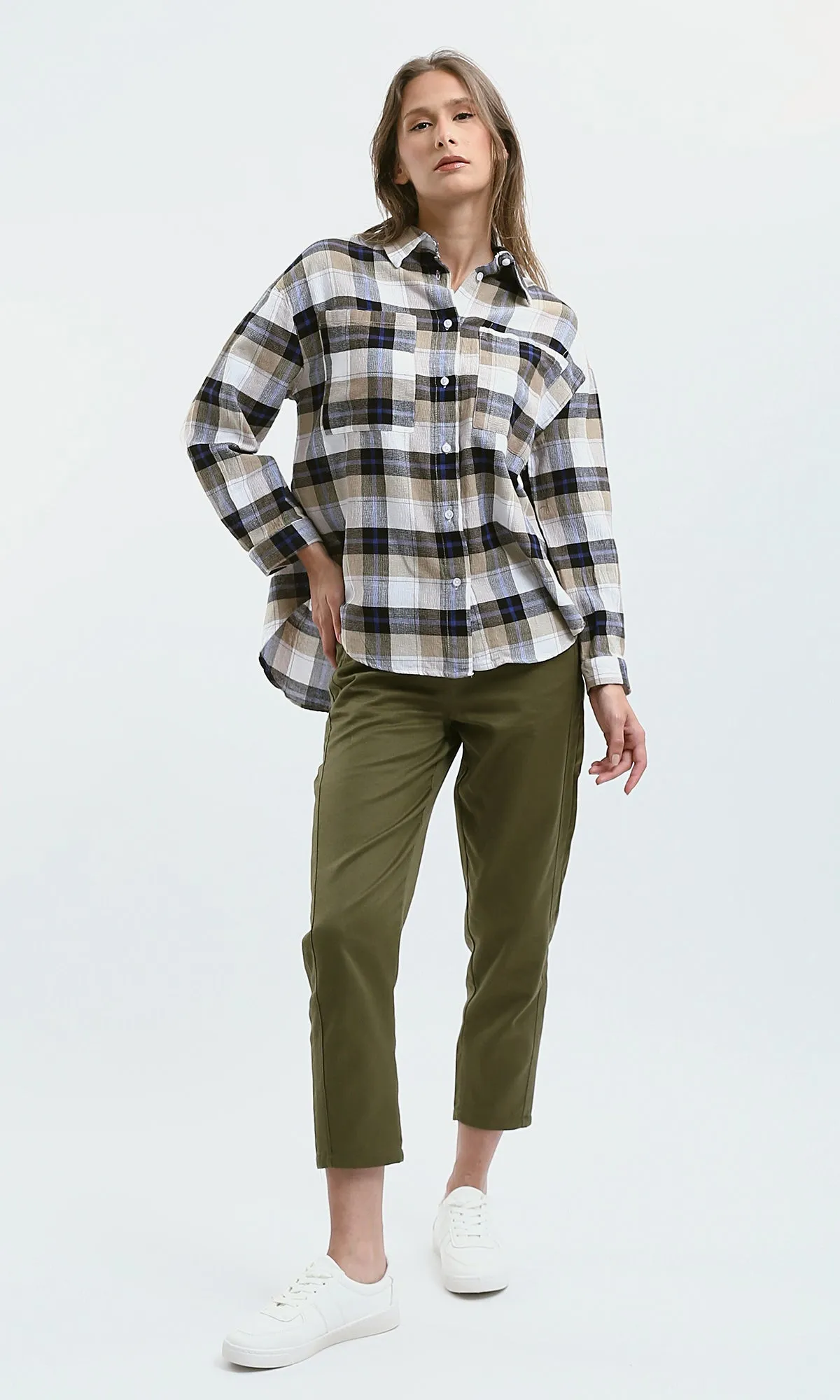 O179132 Long Sleeves Beige & White Tartan Summer Shirt