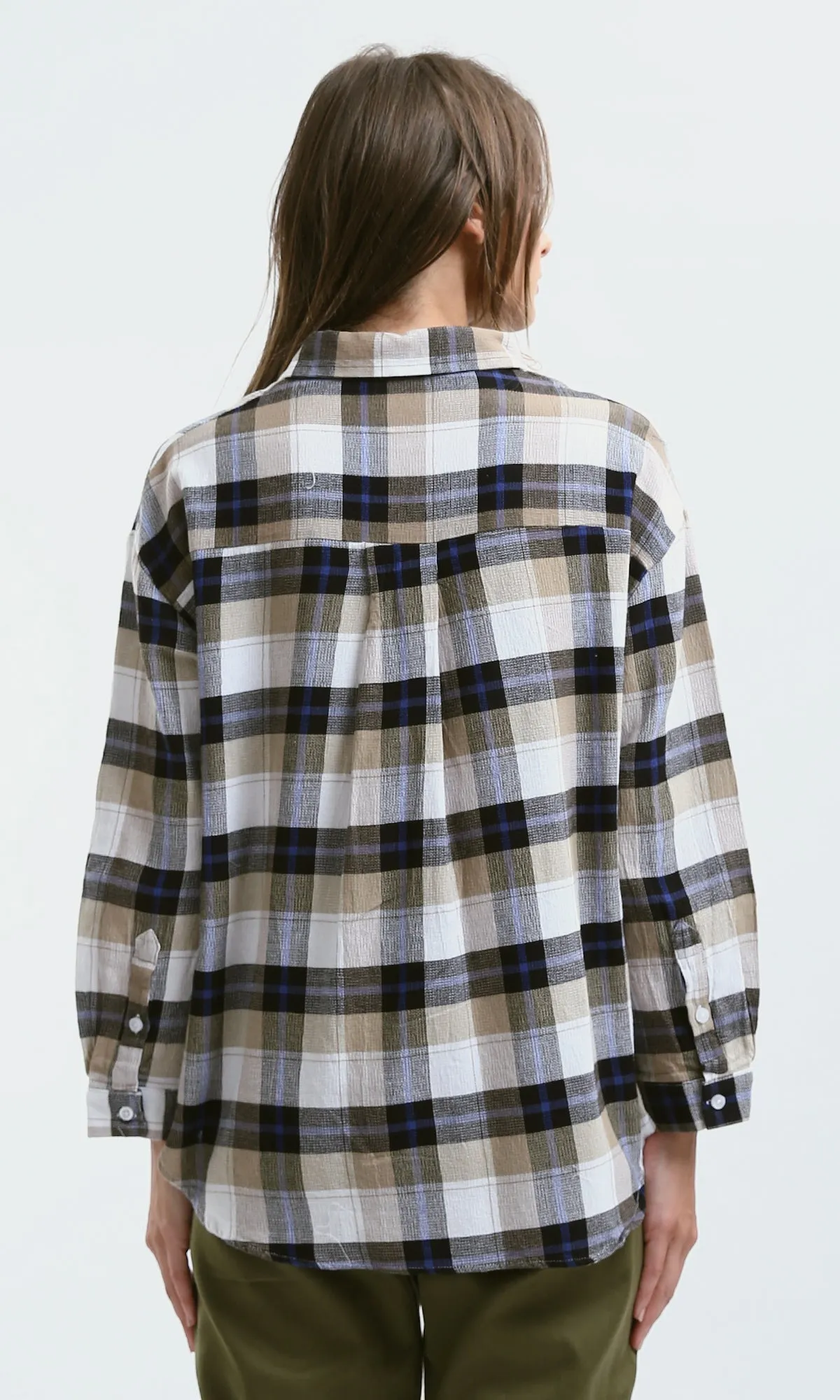 O179132 Long Sleeves Beige & White Tartan Summer Shirt