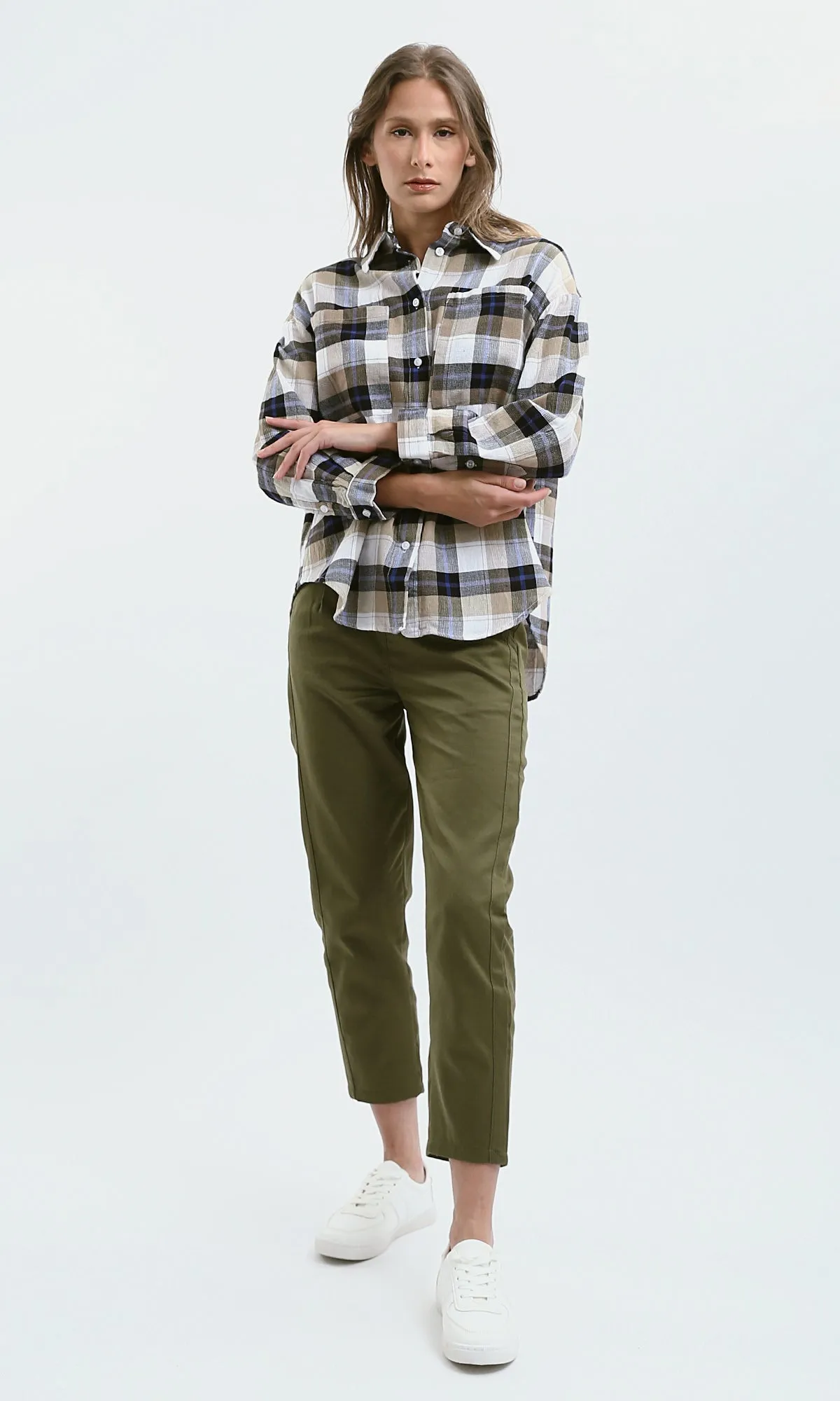 O179132 Long Sleeves Beige & White Tartan Summer Shirt