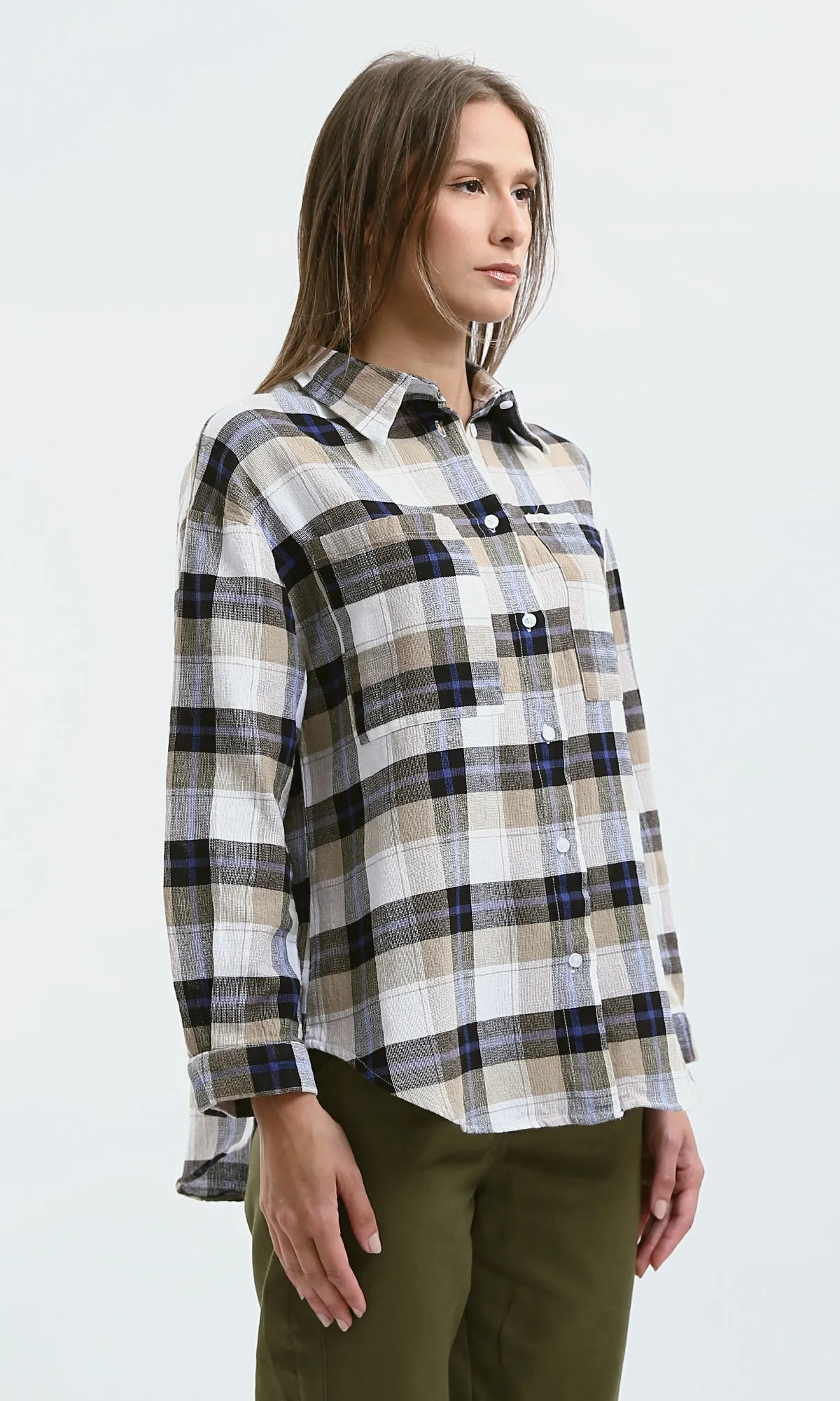 O179132 Long Sleeves Beige & White Tartan Summer Shirt