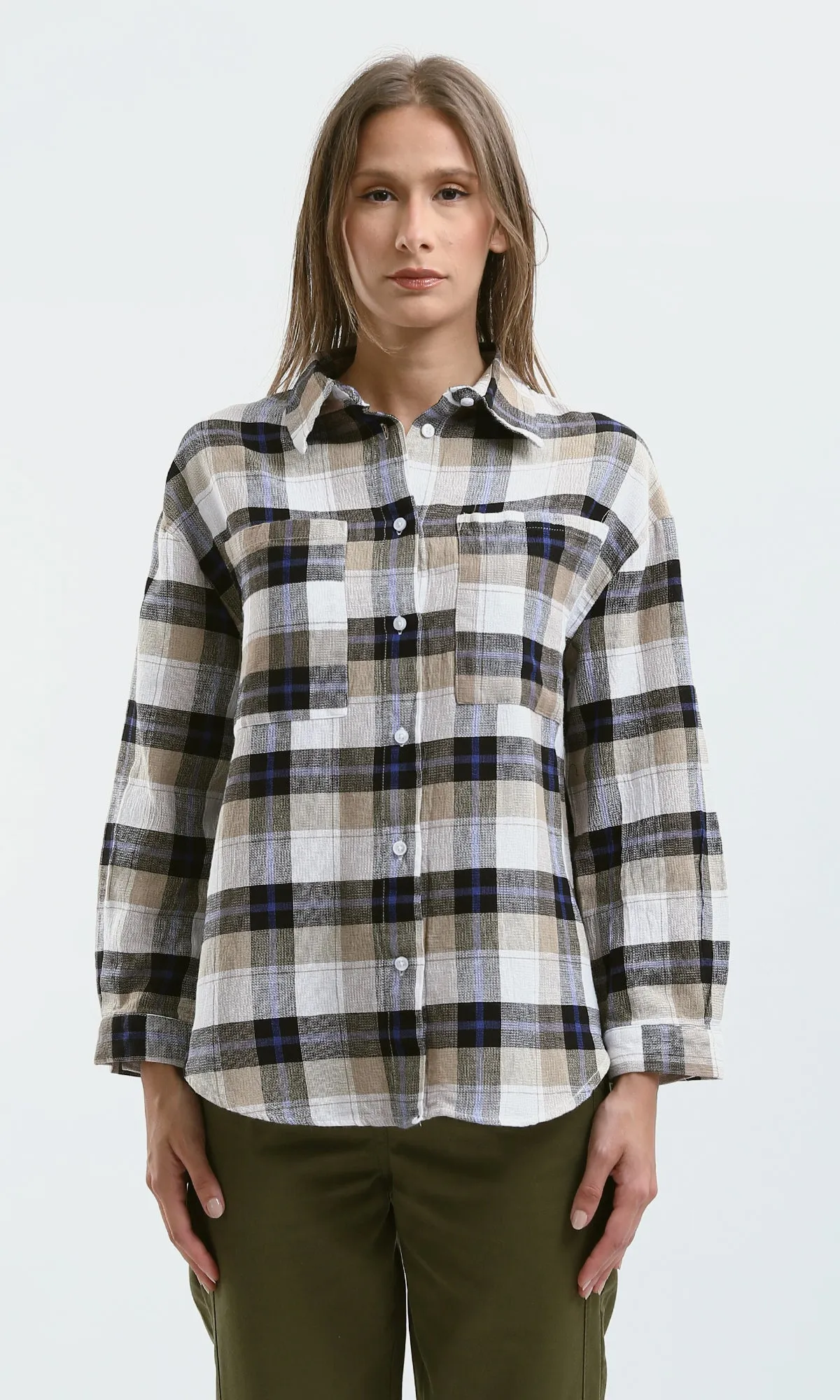 O179132 Long Sleeves Beige & White Tartan Summer Shirt