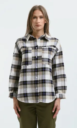 O179132 Long Sleeves Beige & White Tartan Summer Shirt