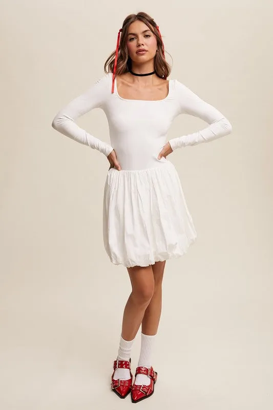 Off White Elegant White Long-Sleeve Dress With Bubble Skirt
