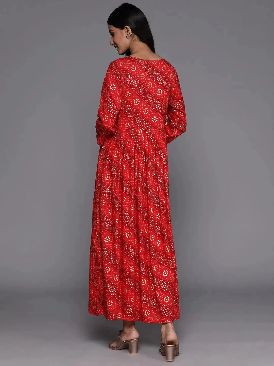 Orange Printed Fit and Flare Rayon Dress