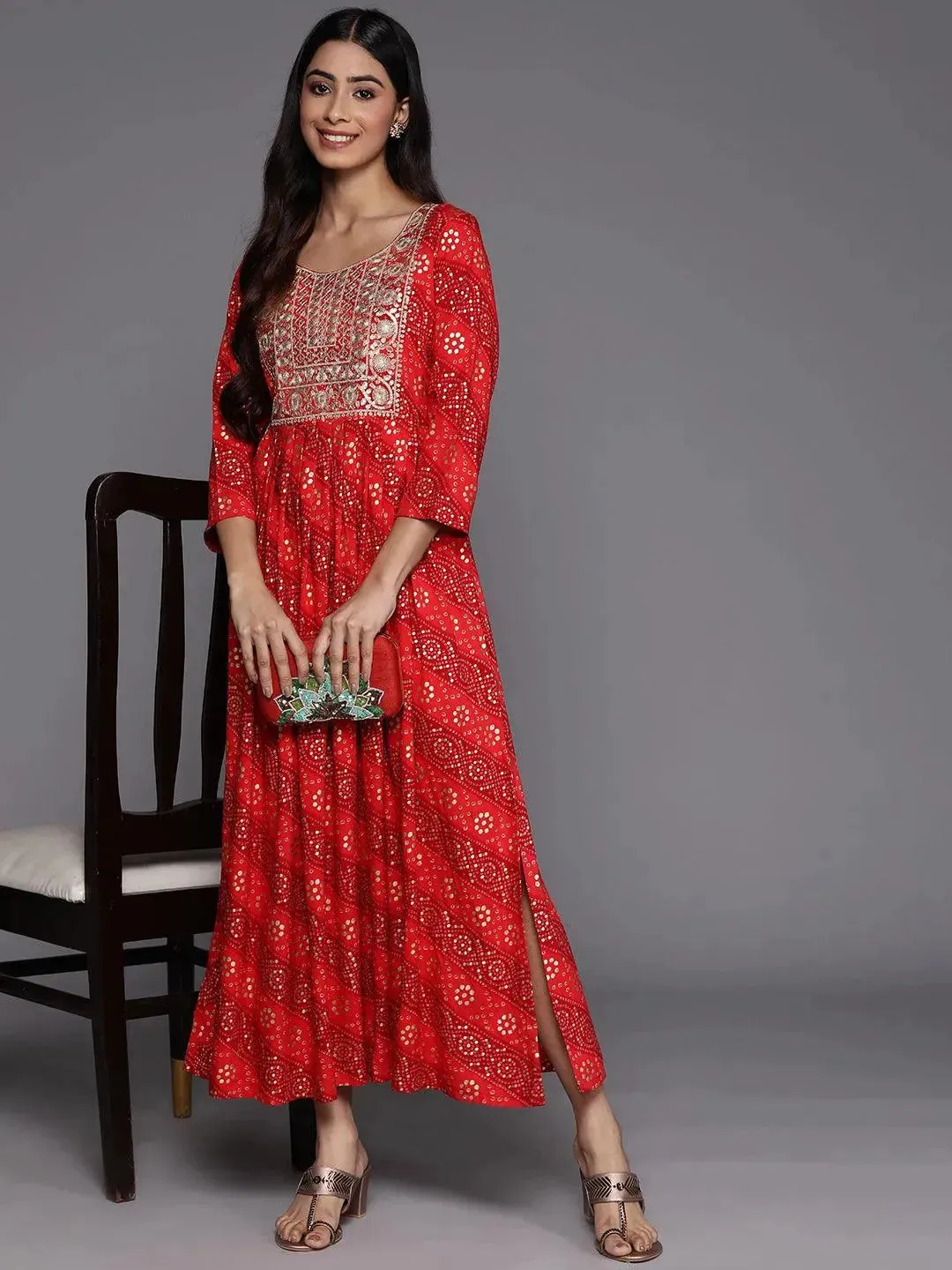 Orange Printed Fit and Flare Rayon Dress