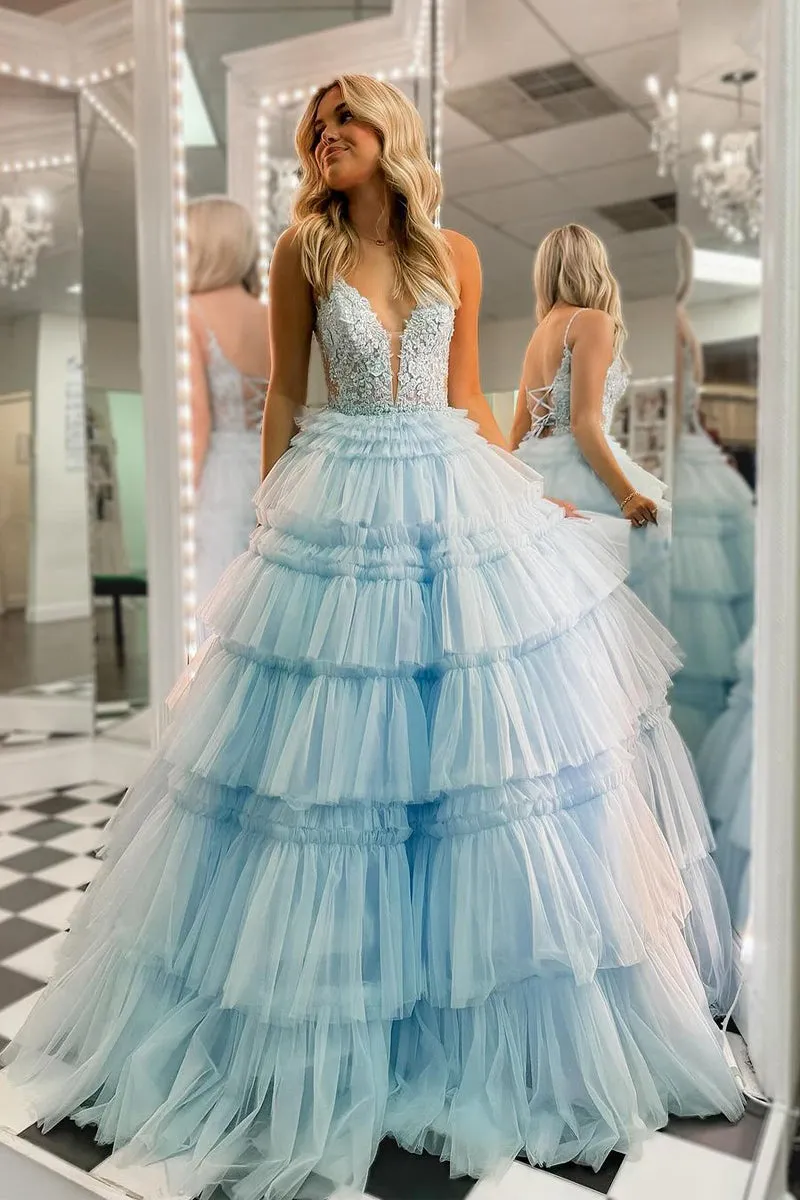 Princess Ball Gown Sky Blue V Neck Ruffle Tiered Tulle Long Prom Dresses VK240731150