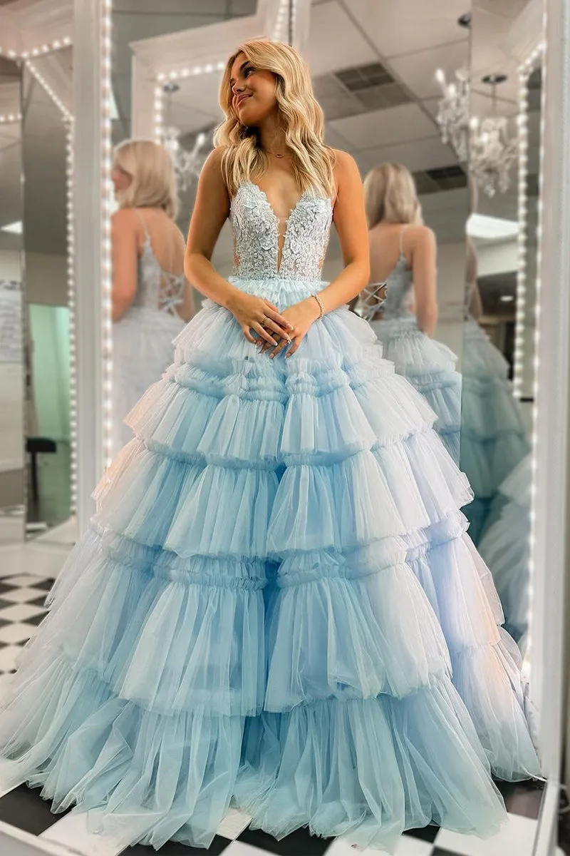 Princess Ball Gown Sky Blue V Neck Ruffle Tiered Tulle Long Prom Dresses VK240731150