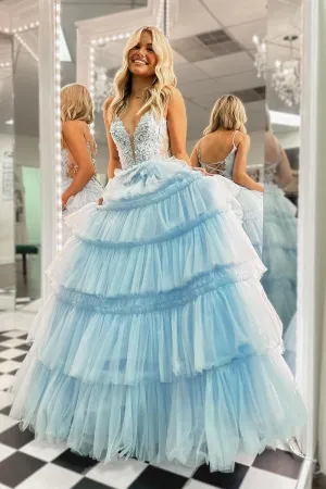 Princess Ball Gown Sky Blue V Neck Ruffle Tiered Tulle Long Prom Dresses VK240731150