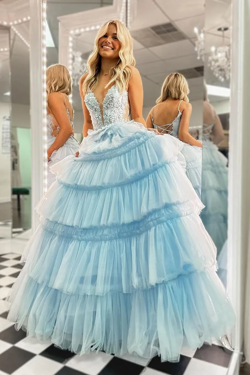Princess Ball Gown Sky Blue V Neck Ruffle Tiered Tulle Long Prom Dresses VK240731150