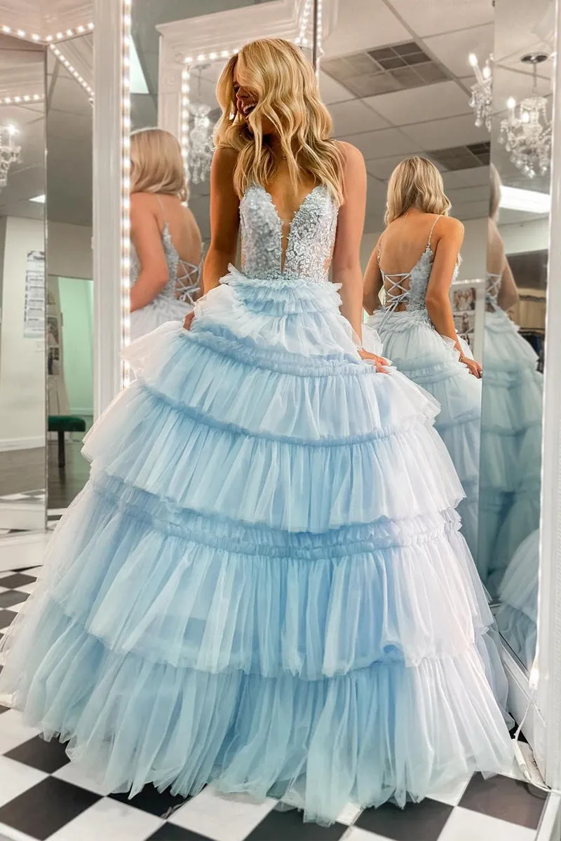 Princess Ball Gown Sky Blue V Neck Ruffle Tiered Tulle Long Prom Dresses VK240731150