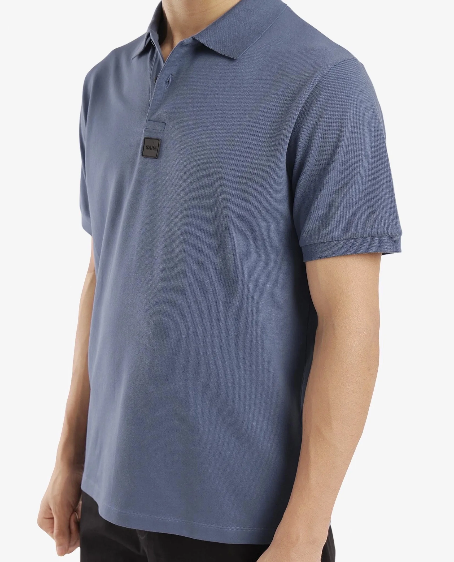 Rare Rabbit Men Mabe Petrol Short Sleeve Regular Collar Silicone Badge Branding Flat Knit Plain Polo
