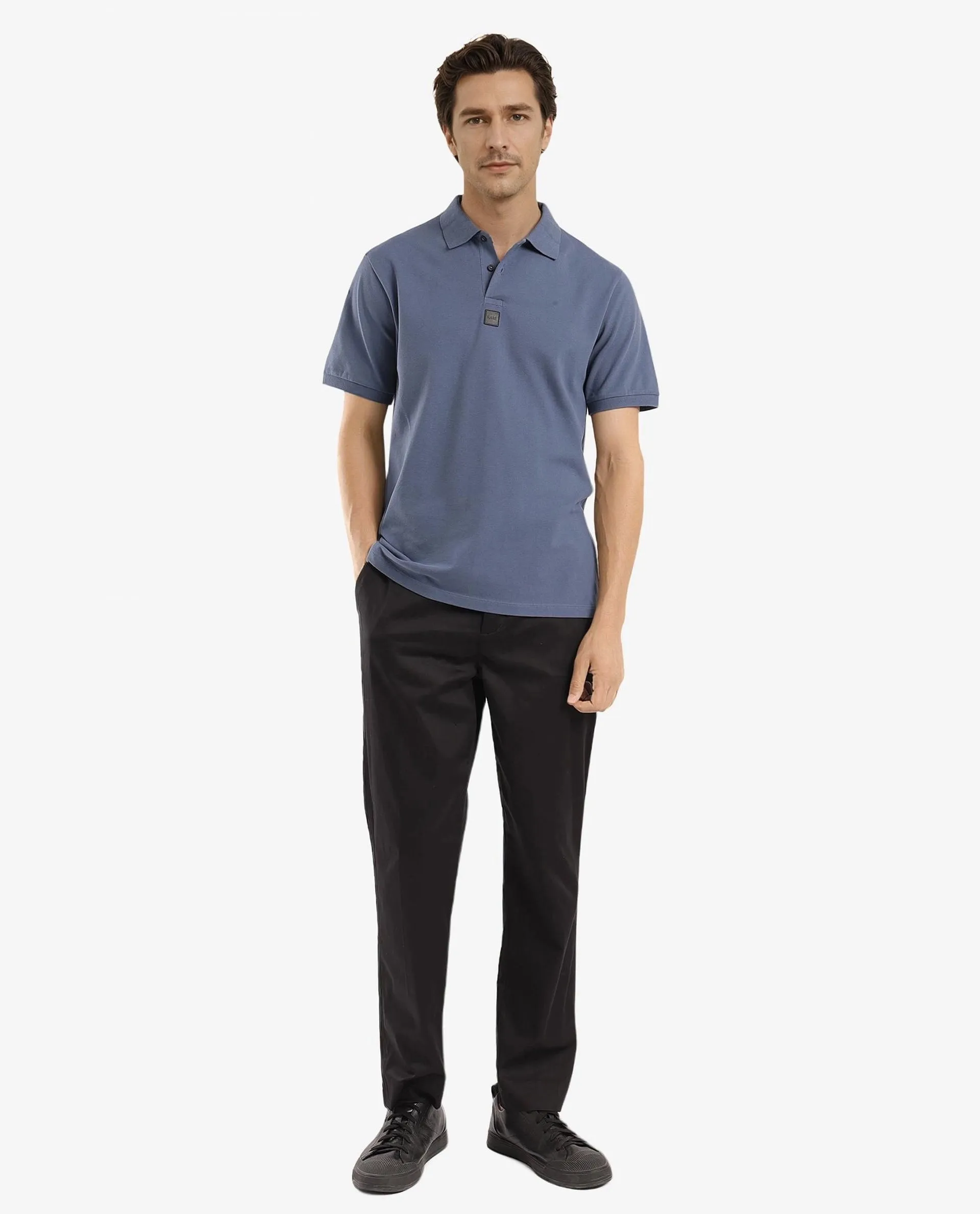Rare Rabbit Men Mabe Petrol Short Sleeve Regular Collar Silicone Badge Branding Flat Knit Plain Polo