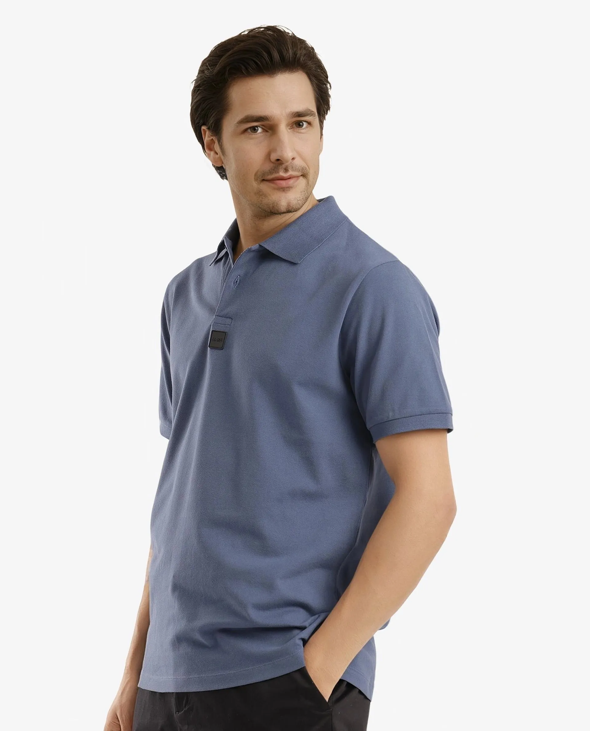 Rare Rabbit Men Mabe Petrol Short Sleeve Regular Collar Silicone Badge Branding Flat Knit Plain Polo