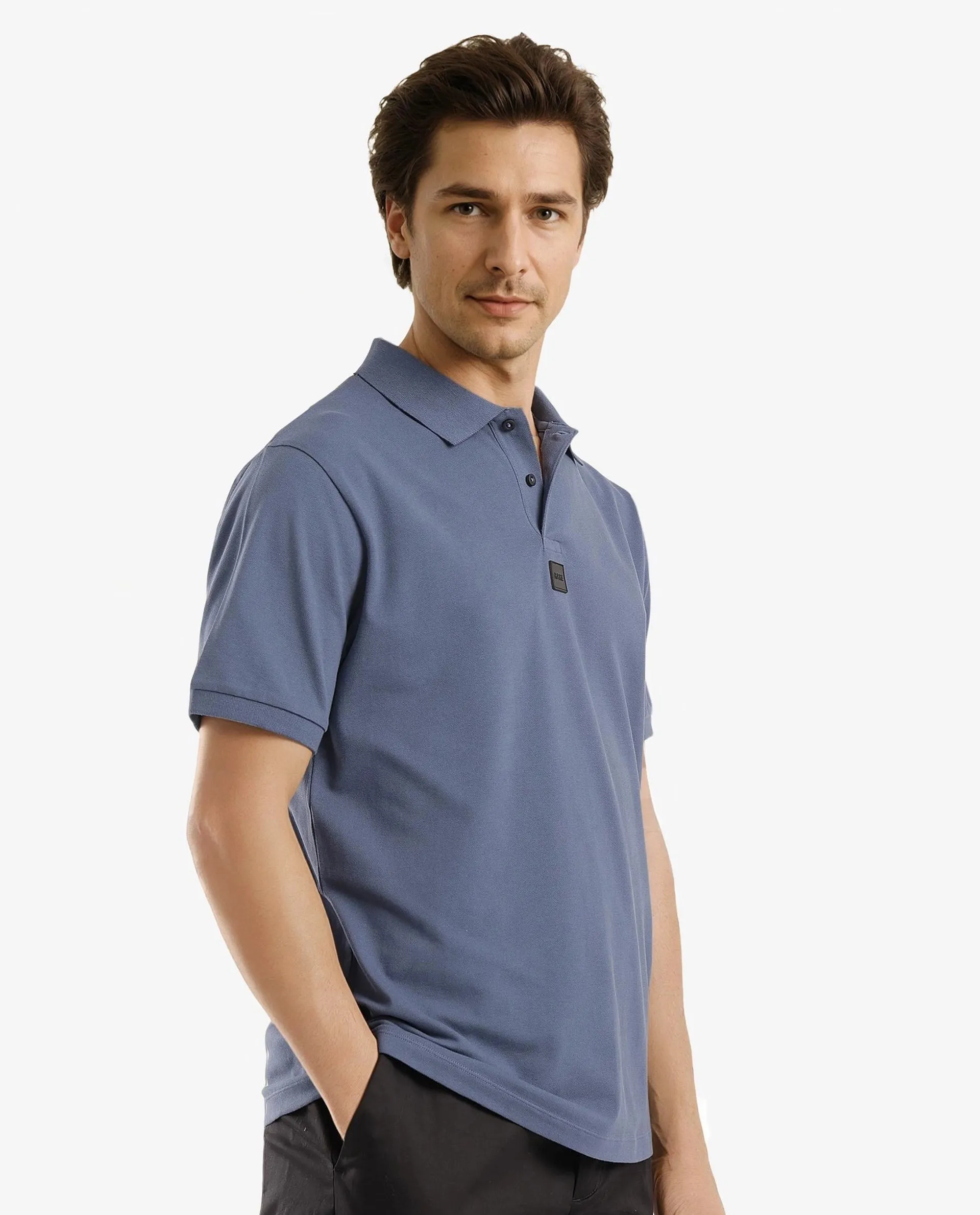 Rare Rabbit Men Mabe Petrol Short Sleeve Regular Collar Silicone Badge Branding Flat Knit Plain Polo