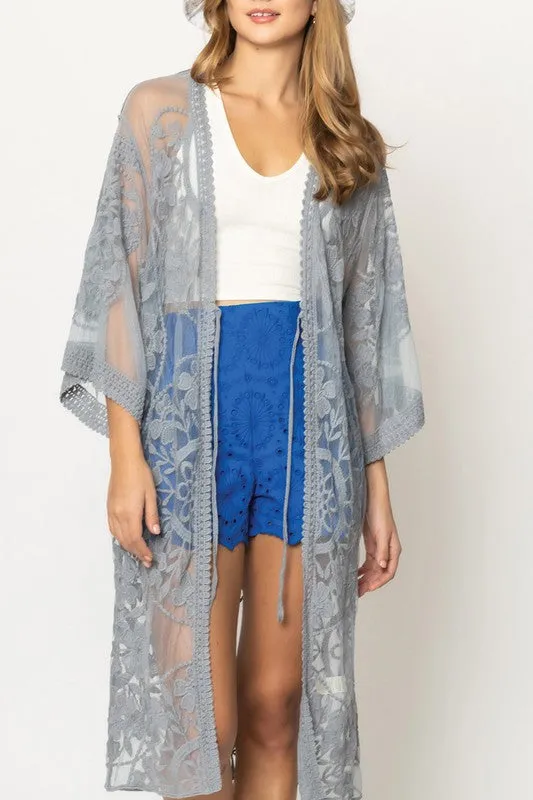 Rush Over Floral Lace Kimono with Front Tie