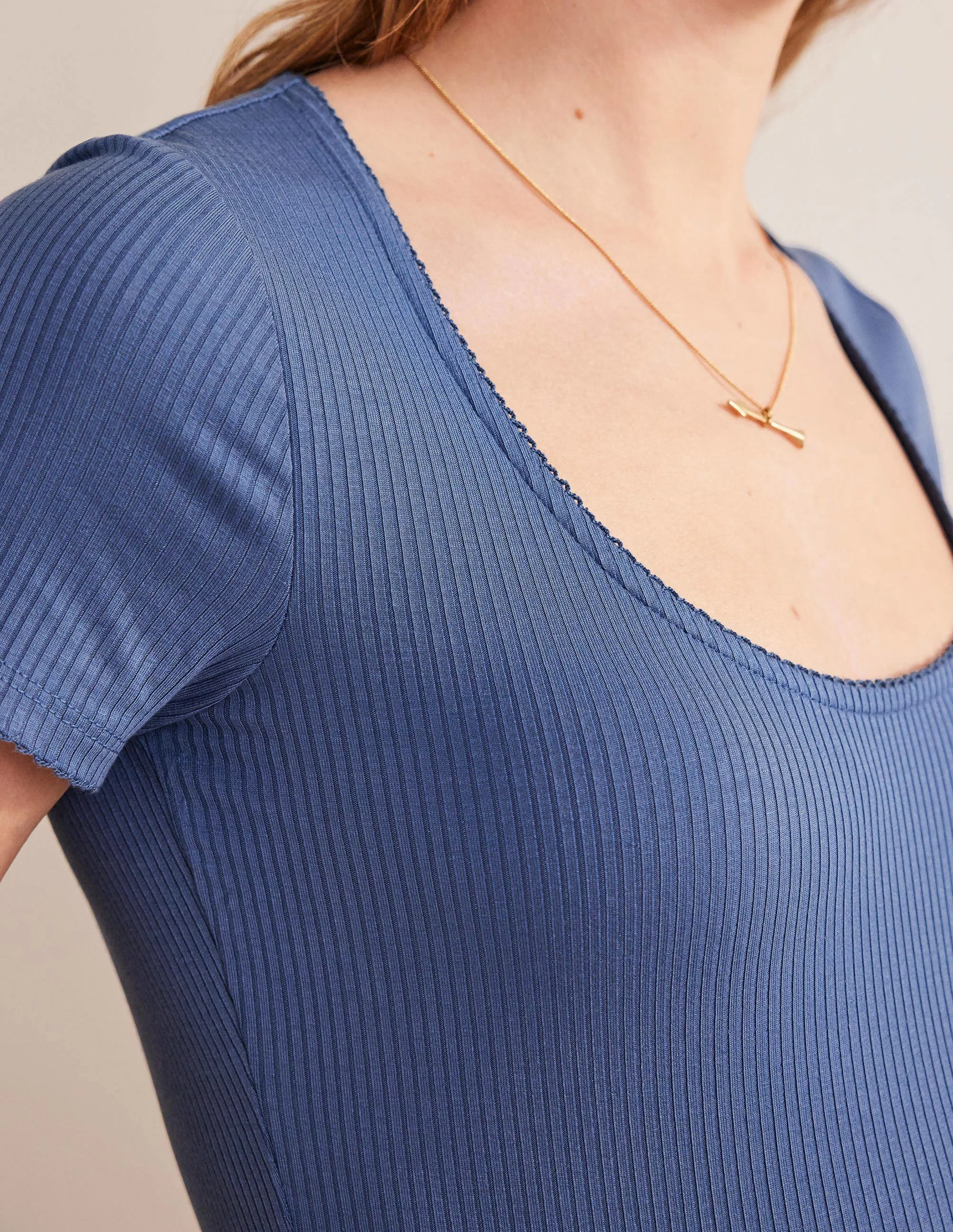 Scoop Neck Ribbed Top-French Blue