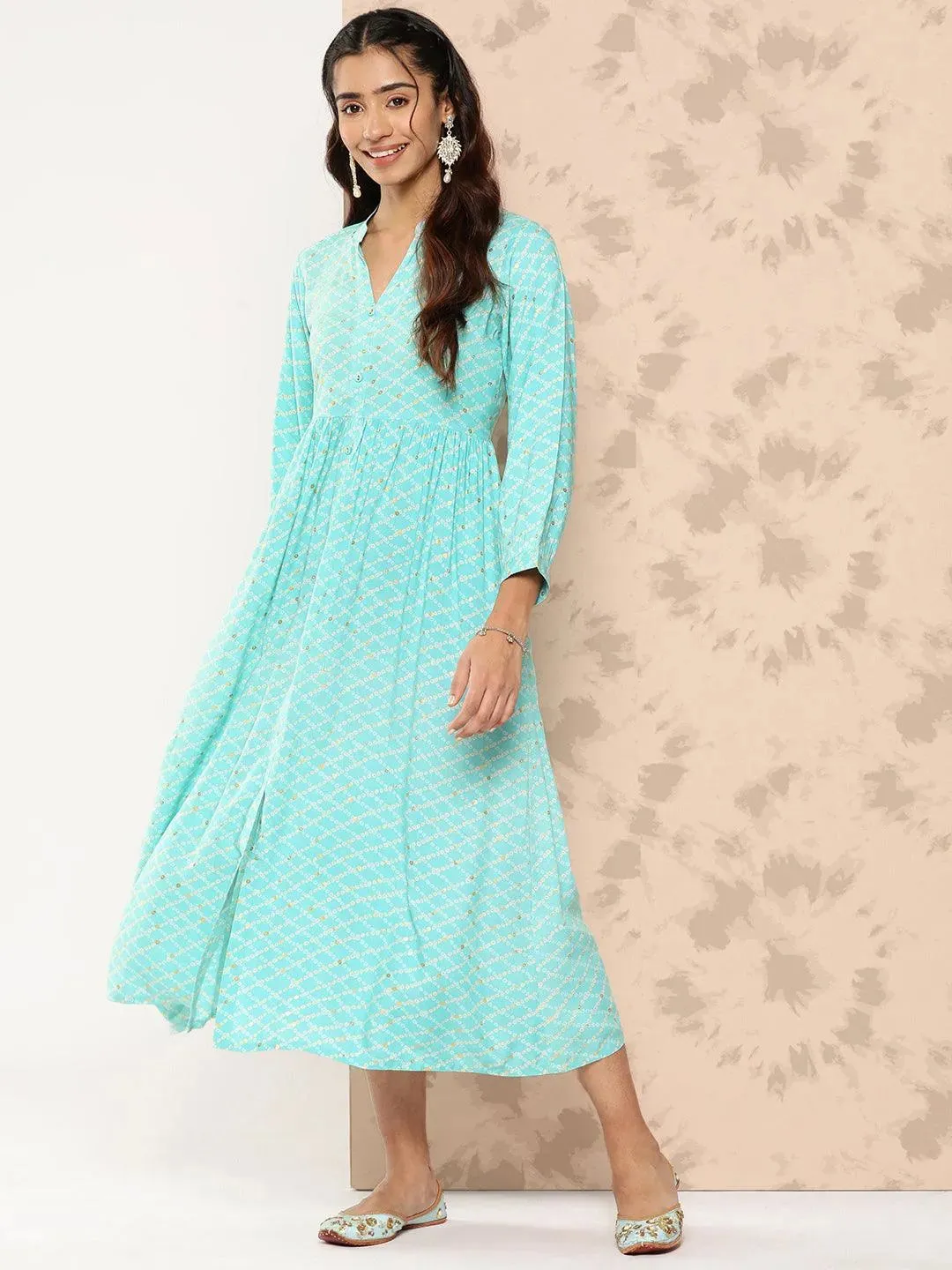 Sea Green Printed Rayon Fit and Flare Dress