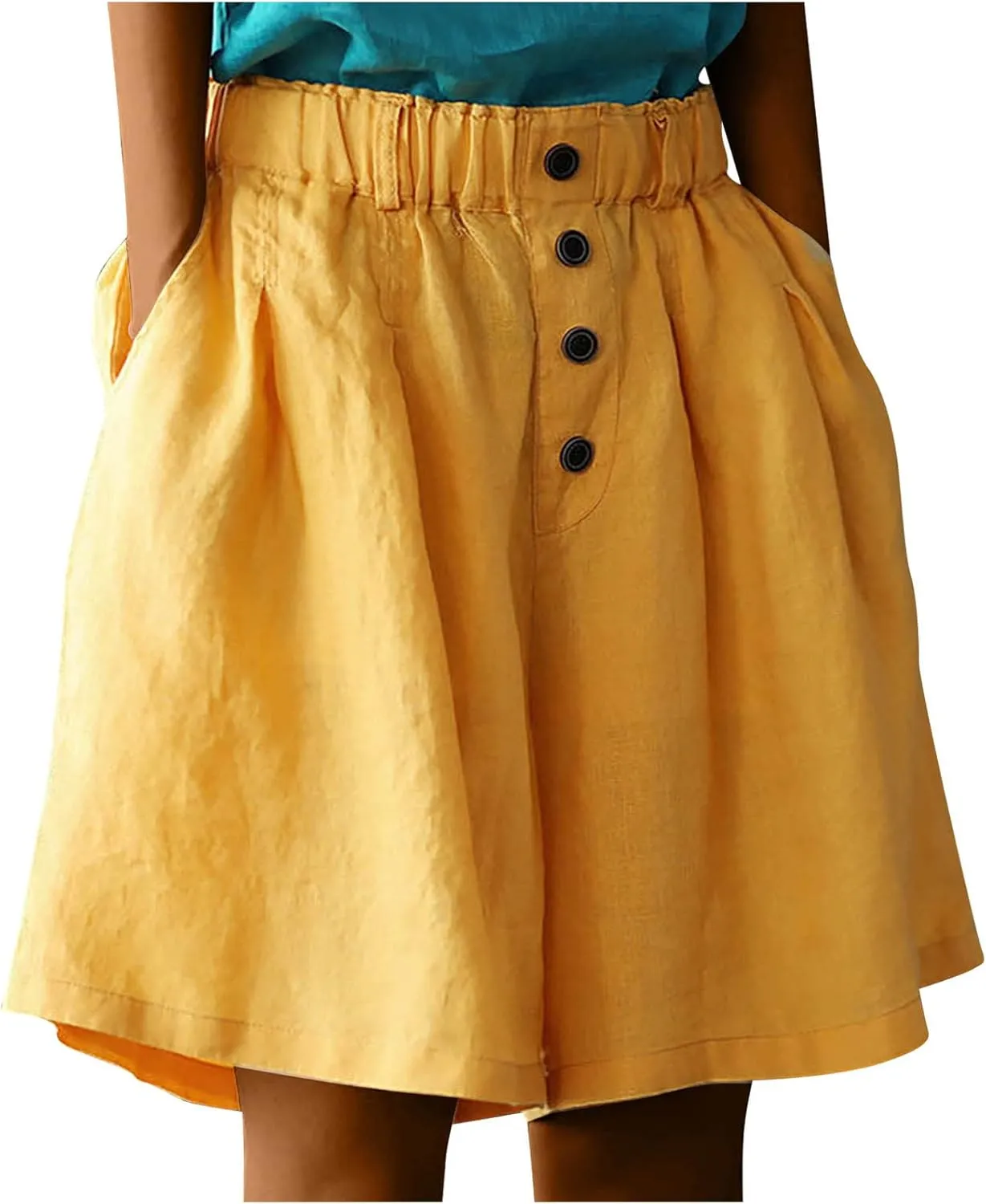Summer Casual Linen Shorts for Women Wide Leg Lightweight Elastic Waist High Waisted Beach Shorts with Pockets