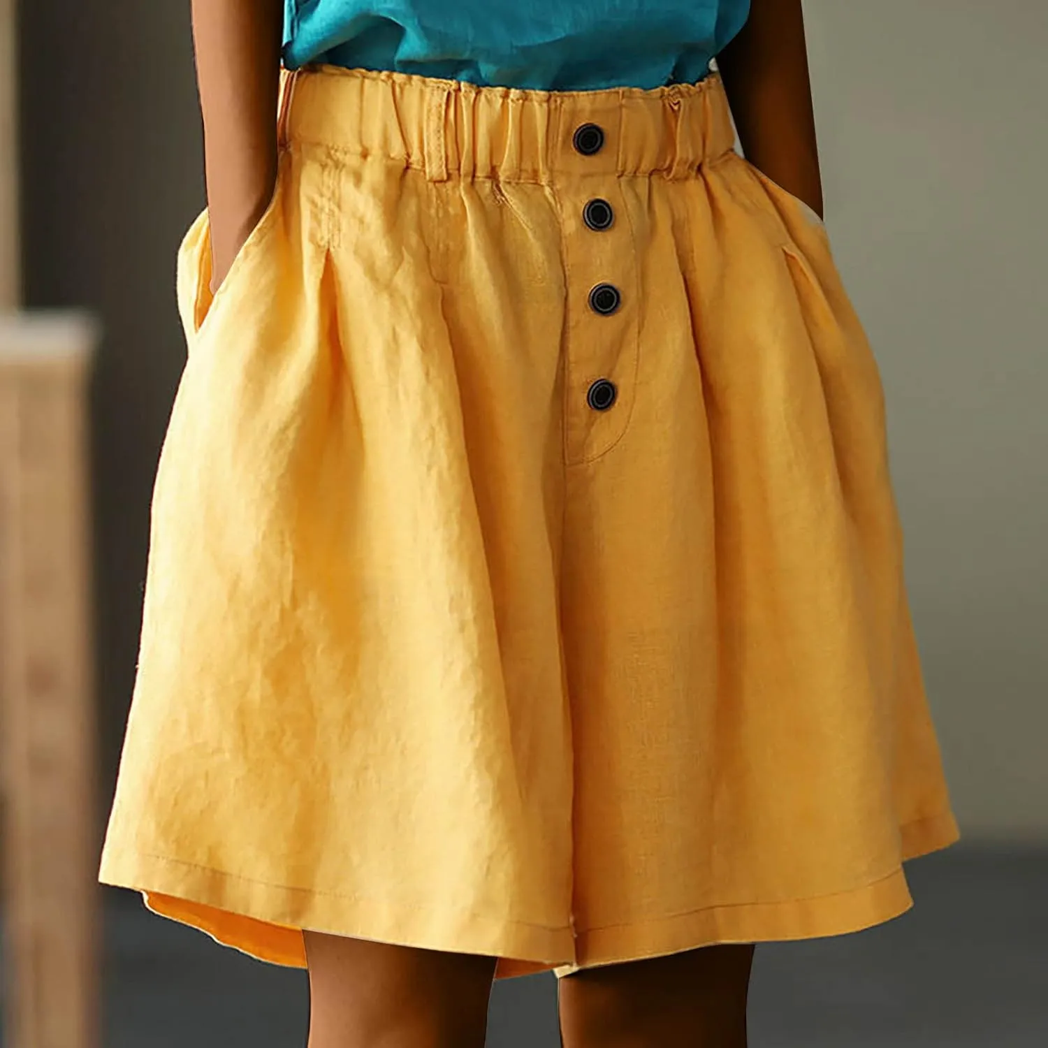 Summer Casual Linen Shorts for Women Wide Leg Lightweight Elastic Waist High Waisted Beach Shorts with Pockets
