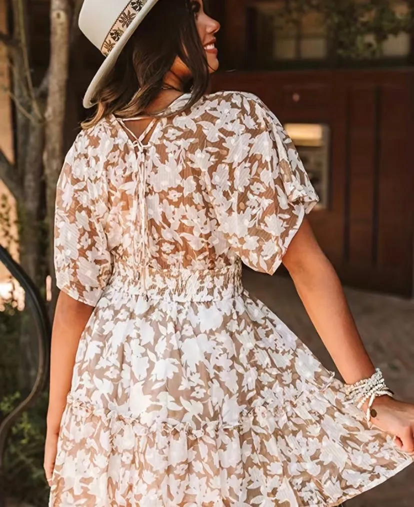 Tan Floral Tier Ruffle V Neck Dress