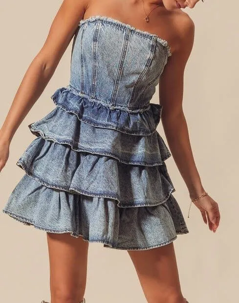 The Jean Dress: Strapless Ruffle Denim Dress