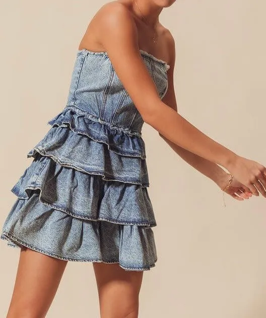 The Jean Dress: Strapless Ruffle Denim Dress