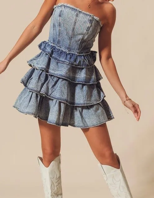 The Jean Dress: Strapless Ruffle Denim Dress