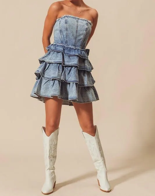 The Jean Dress: Strapless Ruffle Denim Dress