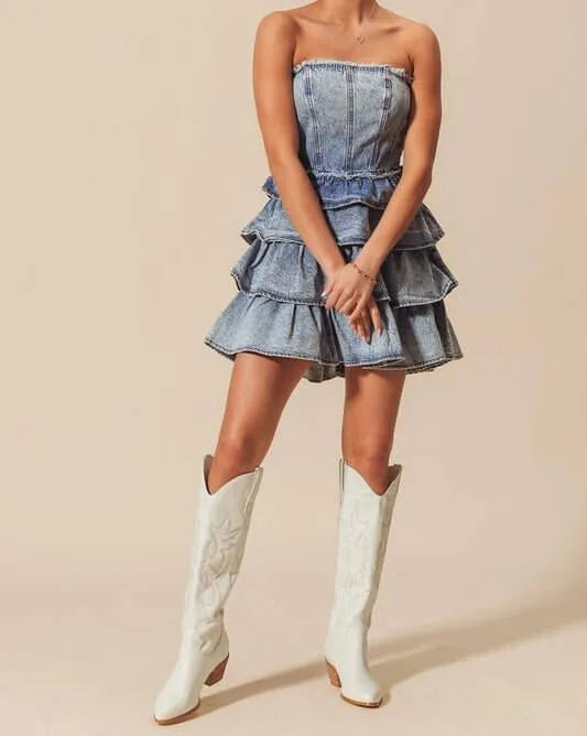 The Jean Dress: Strapless Ruffle Denim Dress