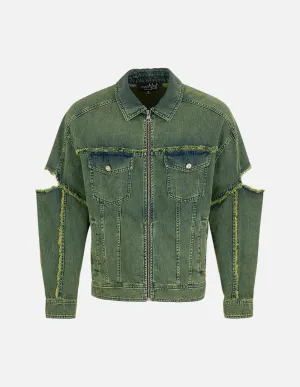 Unisex Style Ripped Sleeve Washed Denim Jacket