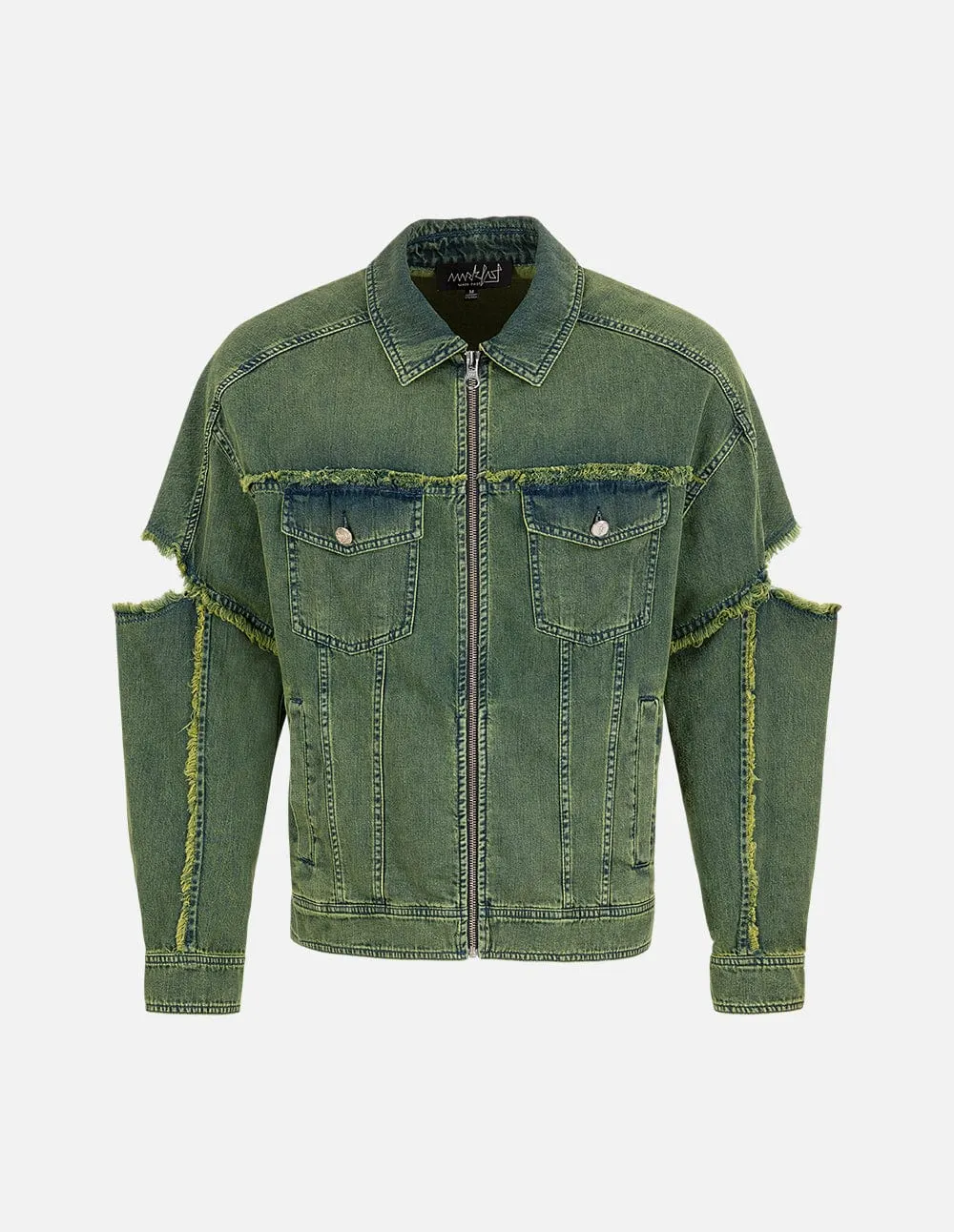 Unisex Style Ripped Sleeve Washed Denim Jacket