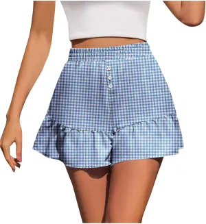 Womens Plaid Shorts Summer Button High Waisted Ruffle Hem Skorts Short Pants Casual Trendy Loose Fit Vacation Shorts