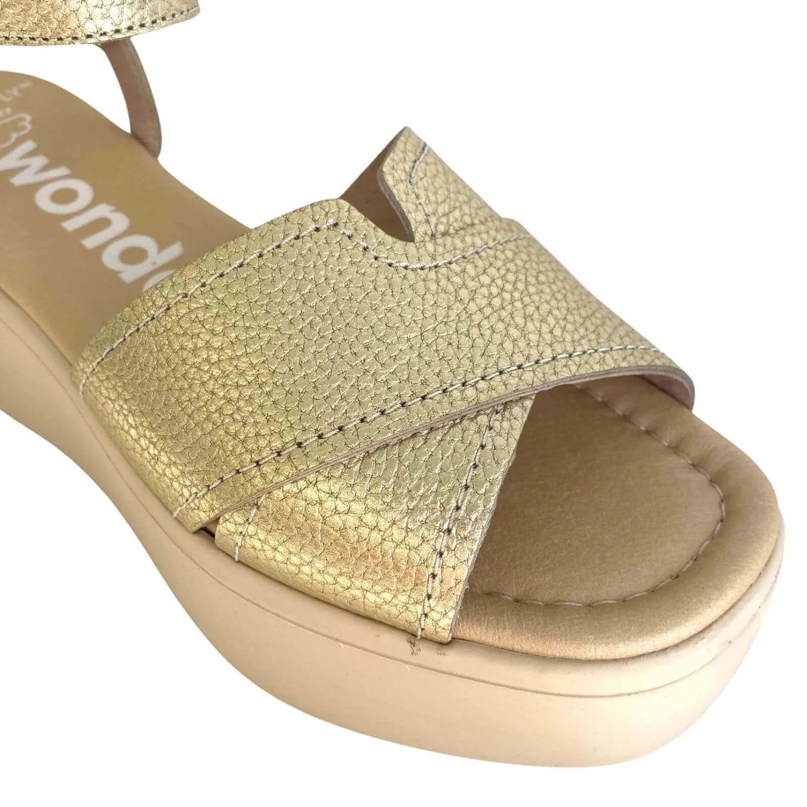 Wonders Gold Ankle Leather Strap Elevated Sole Sandals